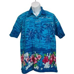 Cabali Mens Button Down Hawaiin Short Sleeve Shirt Size XL Blue Palm Beach Aloha